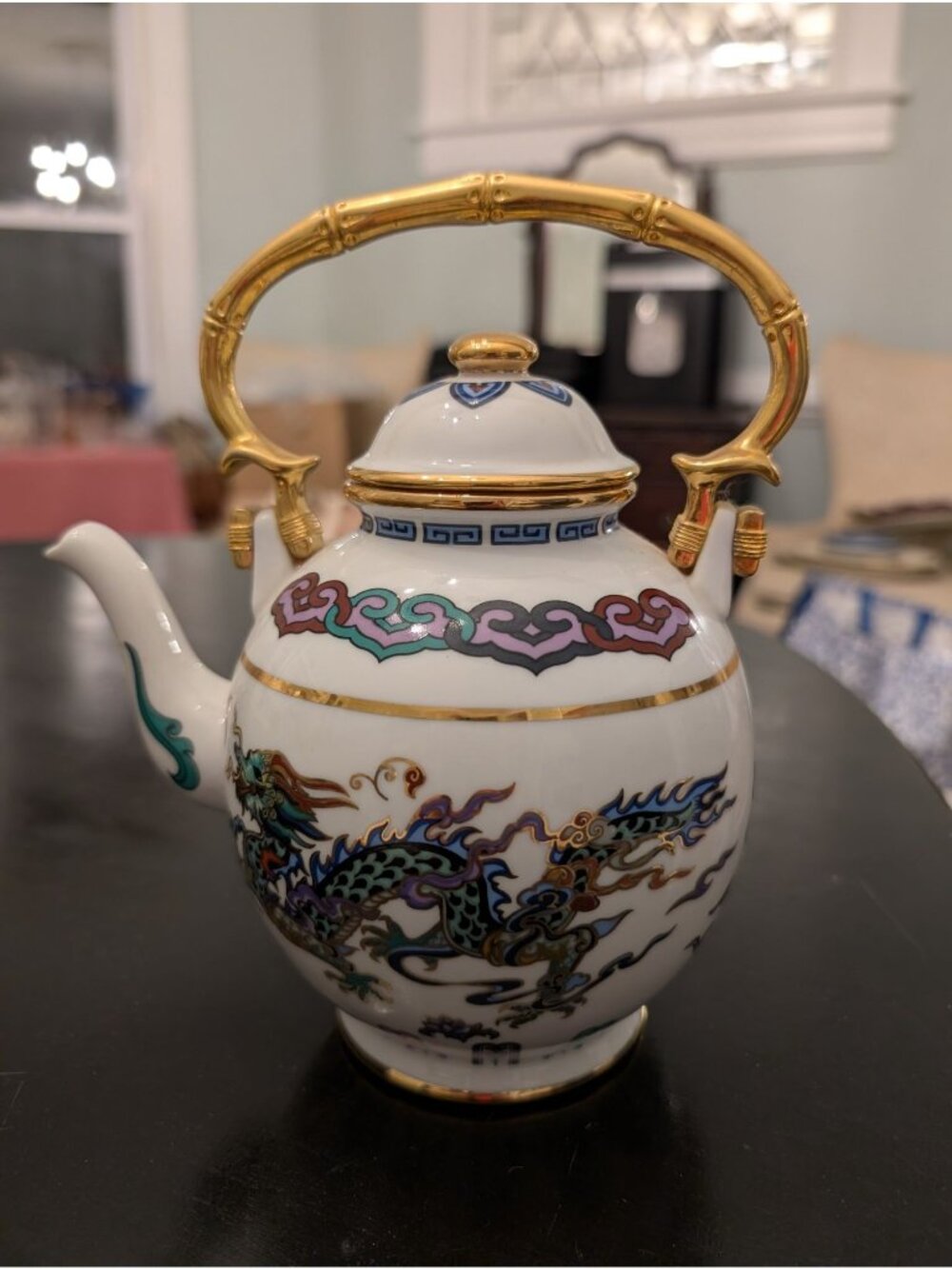Dance of the Celestial Dragon Teapot Fine Porcelain Gold Gilt Franklin Mint